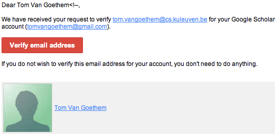 Google Scholar Verification email (HTML injected)